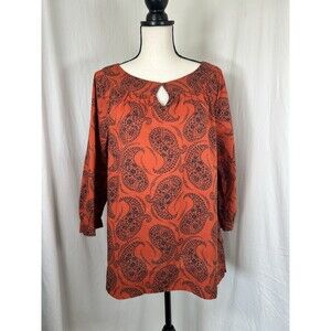 Lands End Red Orange & Blue Cotton Paisley 3/4 Sleeve Blouse Tunic Top Size 8